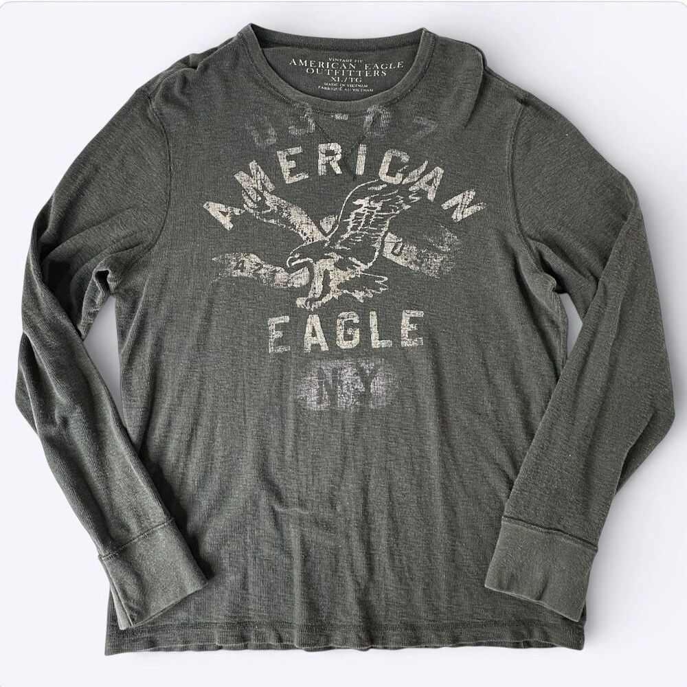 American Eagle Thermal Shirt Mens Sz XL Green Y2K Preppy Skater Spellout Logo